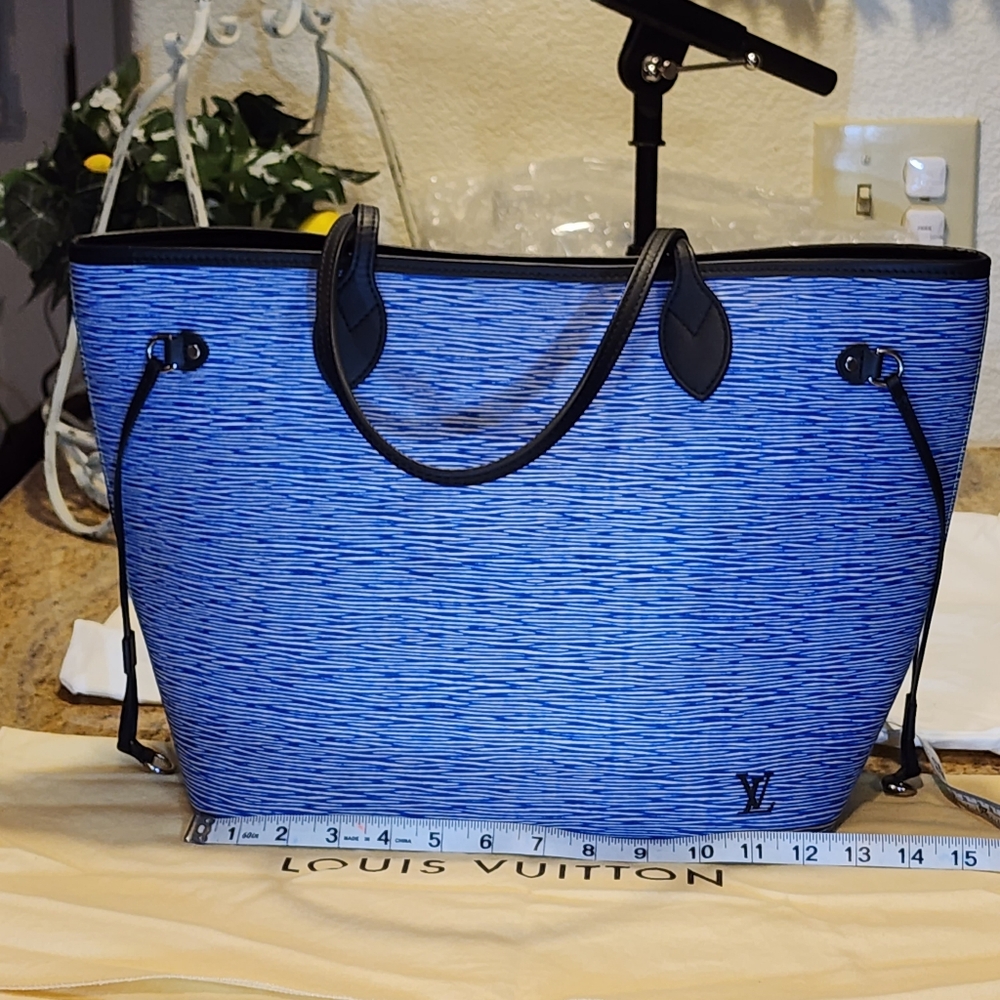 Louis Vuitton Neverfull MM Epi Denim Tote Bag Blue + Pouch